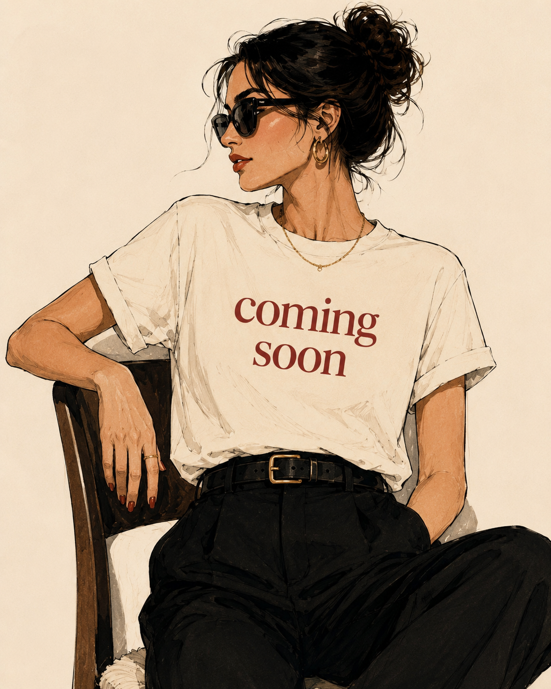 A woman seated on a chair wearing a white graphic T-shirt with the words 'coming soon' in dark red text, black pants, and dark sunglasses against a plain light beige background.
