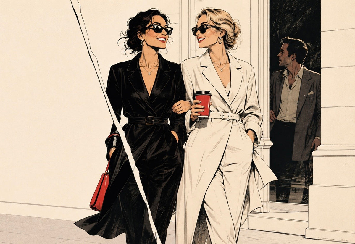 Fashion illustration of two women walking outdoors in stylish outfits, one in a black wrap dress and one in a light beige belted coat, with a man standing in a doorway behind them.