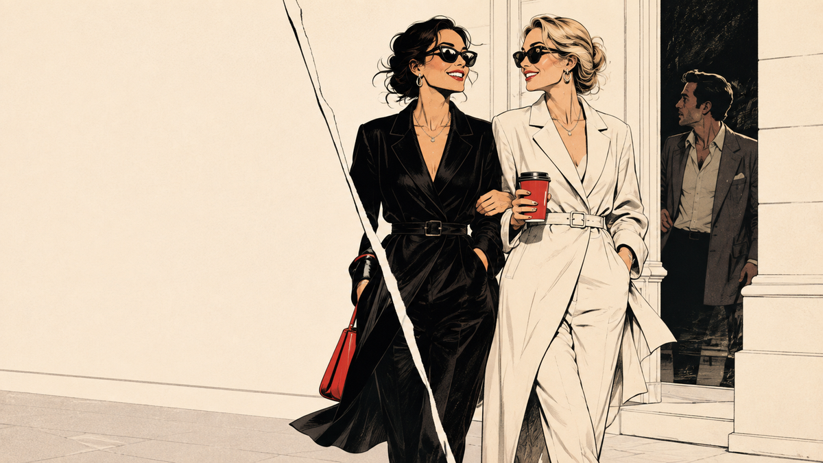 Fashion illustration of two women walking outdoors in stylish outfits, one in a black wrap dress and one in a light beige trench coat, both wearing sunglasses and holding red coffee cups.
